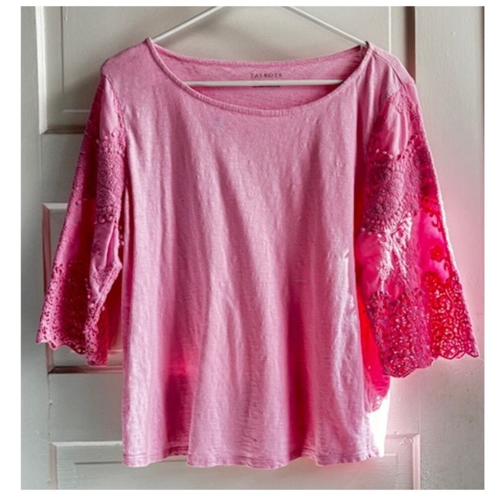 Talbots Pink Boatneck Knit Top Large 3/4 Sleeve‎ Crochet Detail Cotton Pullover